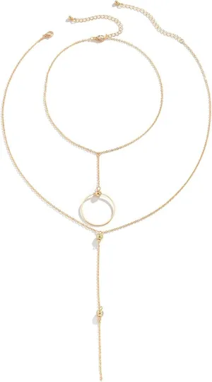 2 Layer Simple Layered Necklaces for Women, Circle Pendant Long Tassel Gold Necklaces for Women Layered