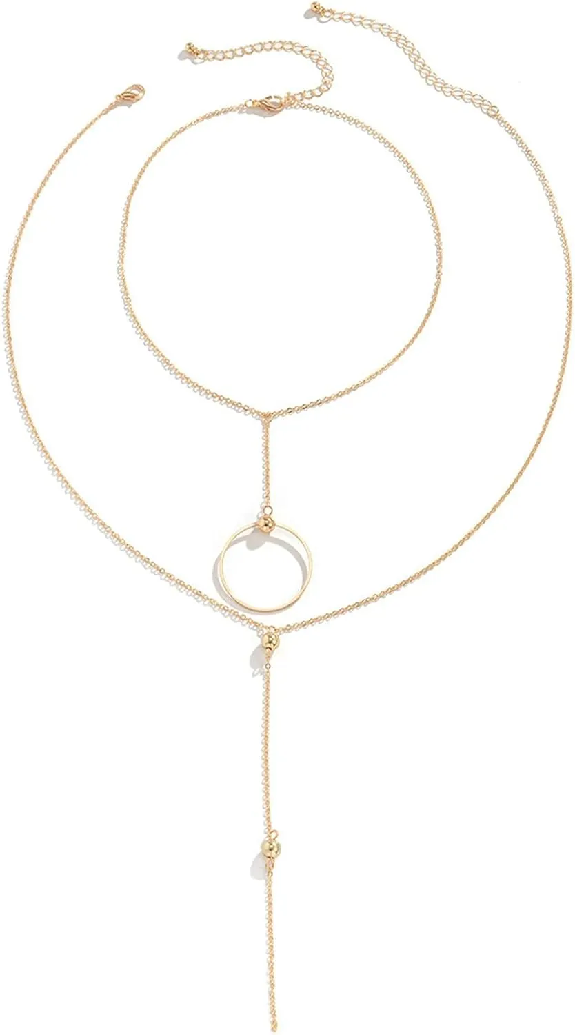 2 Layer Simple Layered Necklaces for Women, Circle Pendant Long Tassel Gold Necklaces for Women Layered