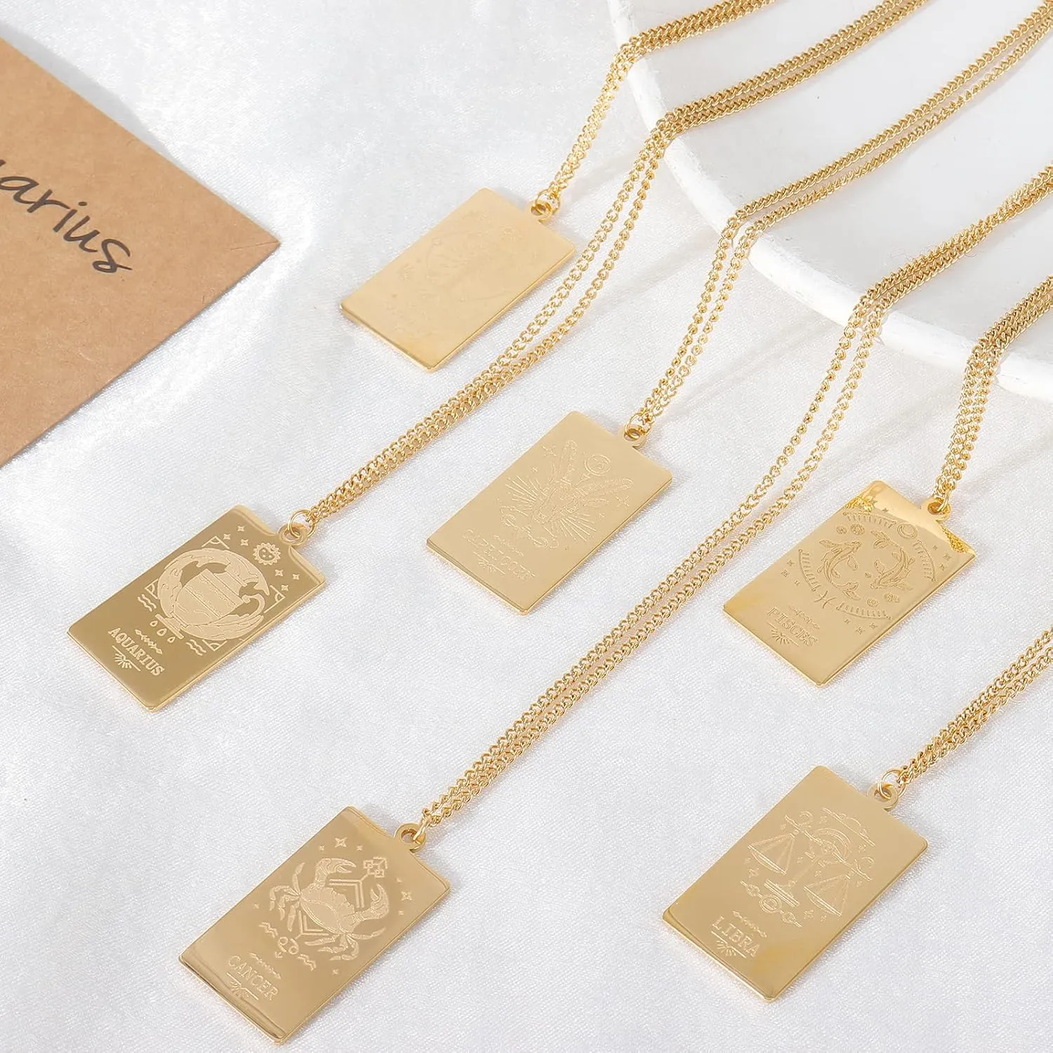 2 Pcs Zodiac Necklace for Women Men 12 Zodiac Sign With Tarot Card Pendant Necklace Gold Plat Constellation Necklace Birthday Gifts for Women