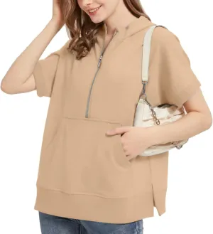 2024 Oversized Casual Half Zip Short Sleeve Pullover Tops, With Pockets, Fashion Summer Sweatshirts with Pockets