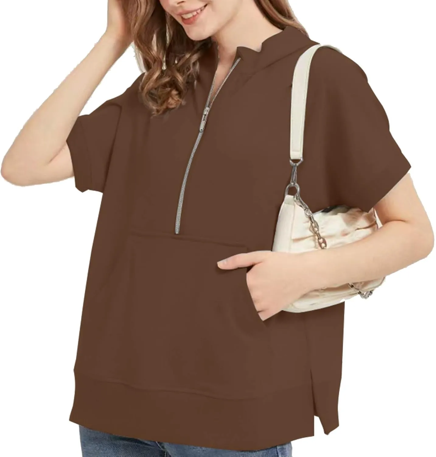 2024 Oversized Casual Half Zip Short Sleeve Pullover Tops, With Pockets, Fashion Summer Sweatshirts with Pockets