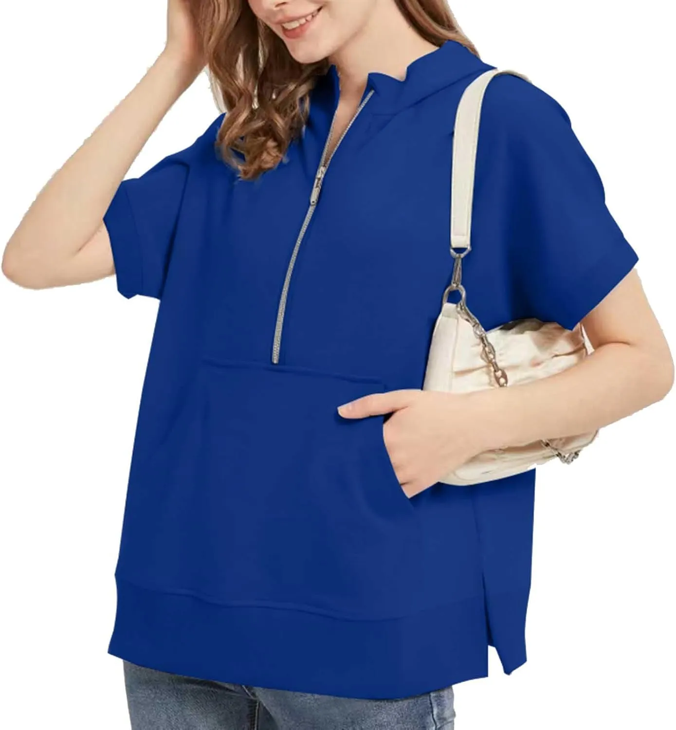 2024 Oversized Casual Half Zip Short Sleeve Pullover Tops, With Pockets, Fashion Summer Sweatshirts with Pockets