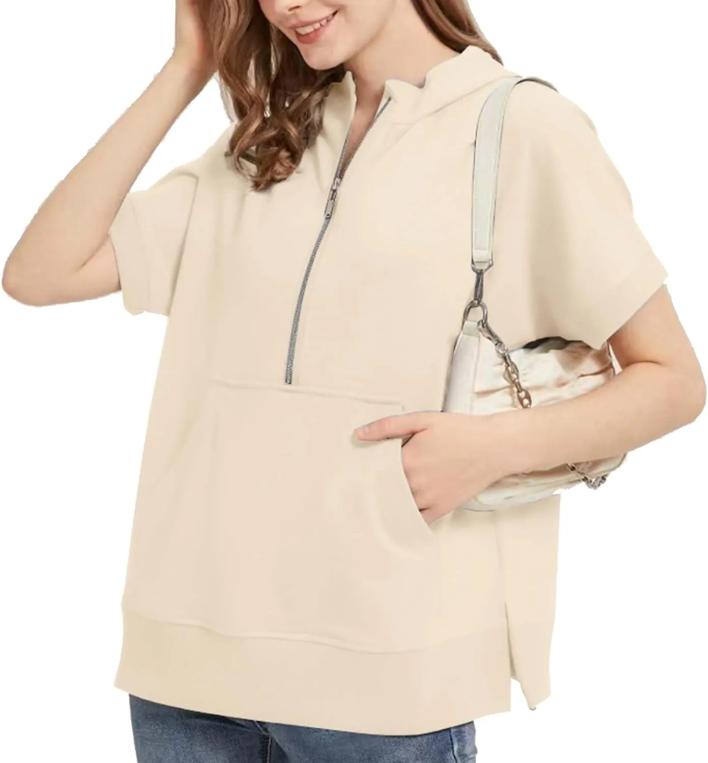 2024 Oversized Casual Half Zip Short Sleeve Pullover Tops, With Pockets, Fashion Summer Sweatshirts with Pockets