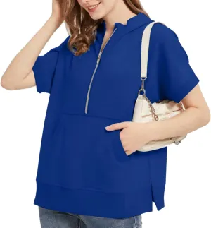 2024 Oversized Casual Half Zip Short Sleeve Pullover Tops, With Pockets, Fashion Summer Sweatshirts with Pockets