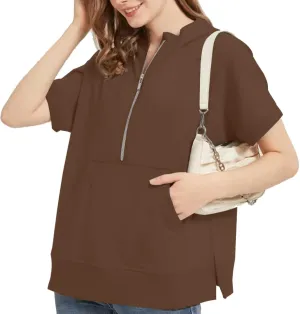 2024 Oversized Casual Half Zip Short Sleeve Pullover Tops, With Pockets, Fashion Summer Sweatshirts with Pockets