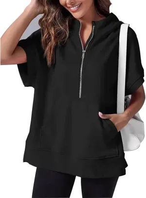 2024 Oversized Casual Half Zip Short Sleeve Pullover Tops, With Pockets, Fashion Summer Sweatshirts with Pockets