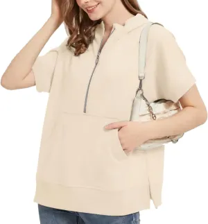 2024 Oversized Casual Half Zip Short Sleeve Pullover Tops, With Pockets, Fashion Summer Sweatshirts with Pockets