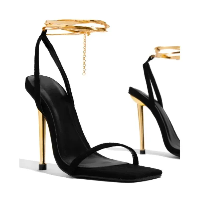 2024 Women Heels Gold Padlock High Heels Sandals Thin Single Strap Metal Stiletto Sandals Gold Heel Shoes