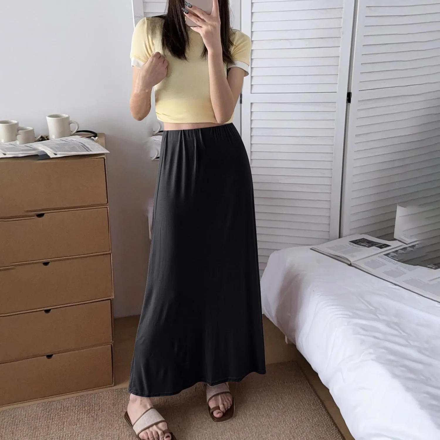 2025 Women's Summer Skirts Casual Elastic High Waist Flowy Hem A Line Maxi Skirt Trendy Vacation Beach Skirts