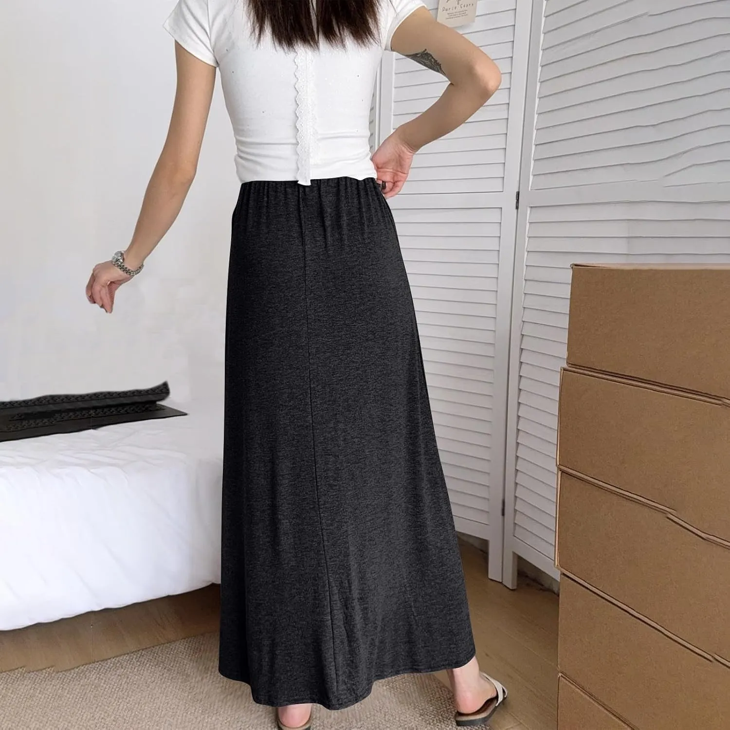 2025 Women's Summer Skirts Casual Elastic High Waist Flowy Hem A Line Maxi Skirt Trendy Vacation Beach Skirts