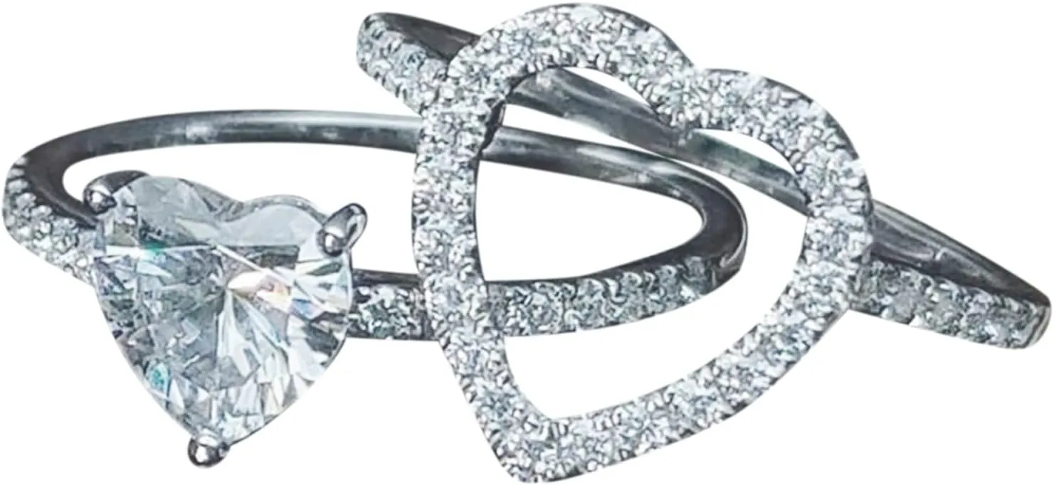 2pcs Womens Matching Bridal Wedding Ring Set Ring Fashion Women Heart Round Solitaire Simulation Diamond Ring Set