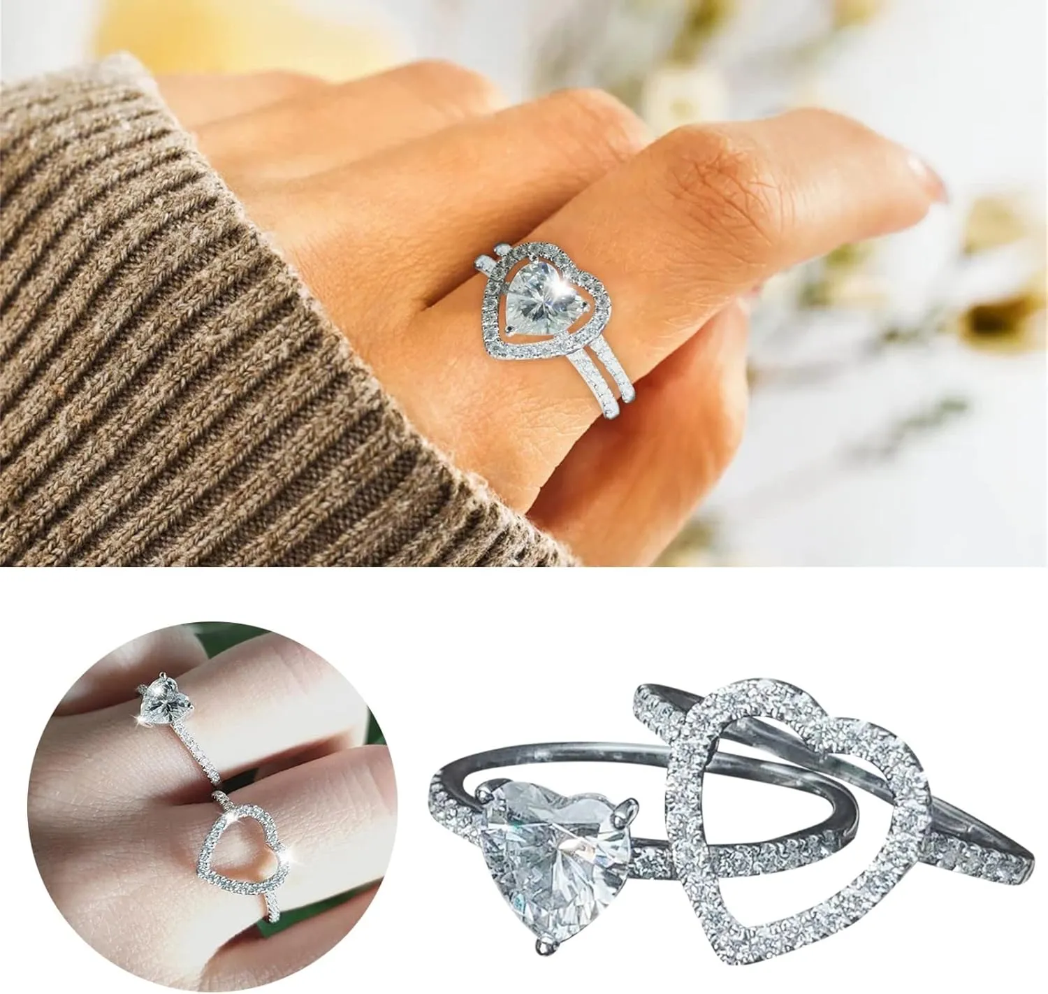 2pcs Womens Matching Bridal Wedding Ring Set Ring Fashion Women Heart Round Solitaire Simulation Diamond Ring Set