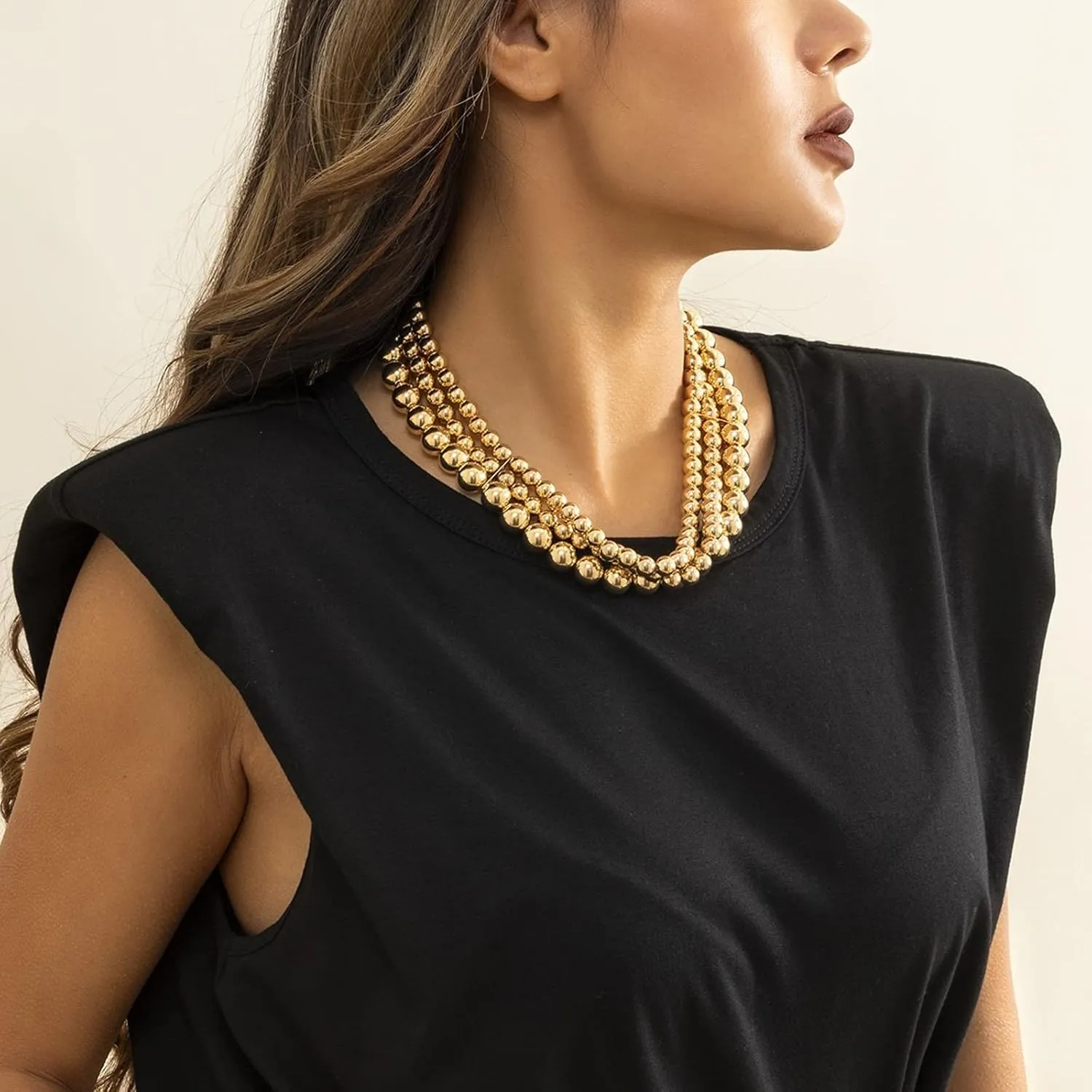 3 Layered Necklaces for Womens, Chain Necklaces for Women Stack Adjustable Gold Plated Beaded Chain Necklace