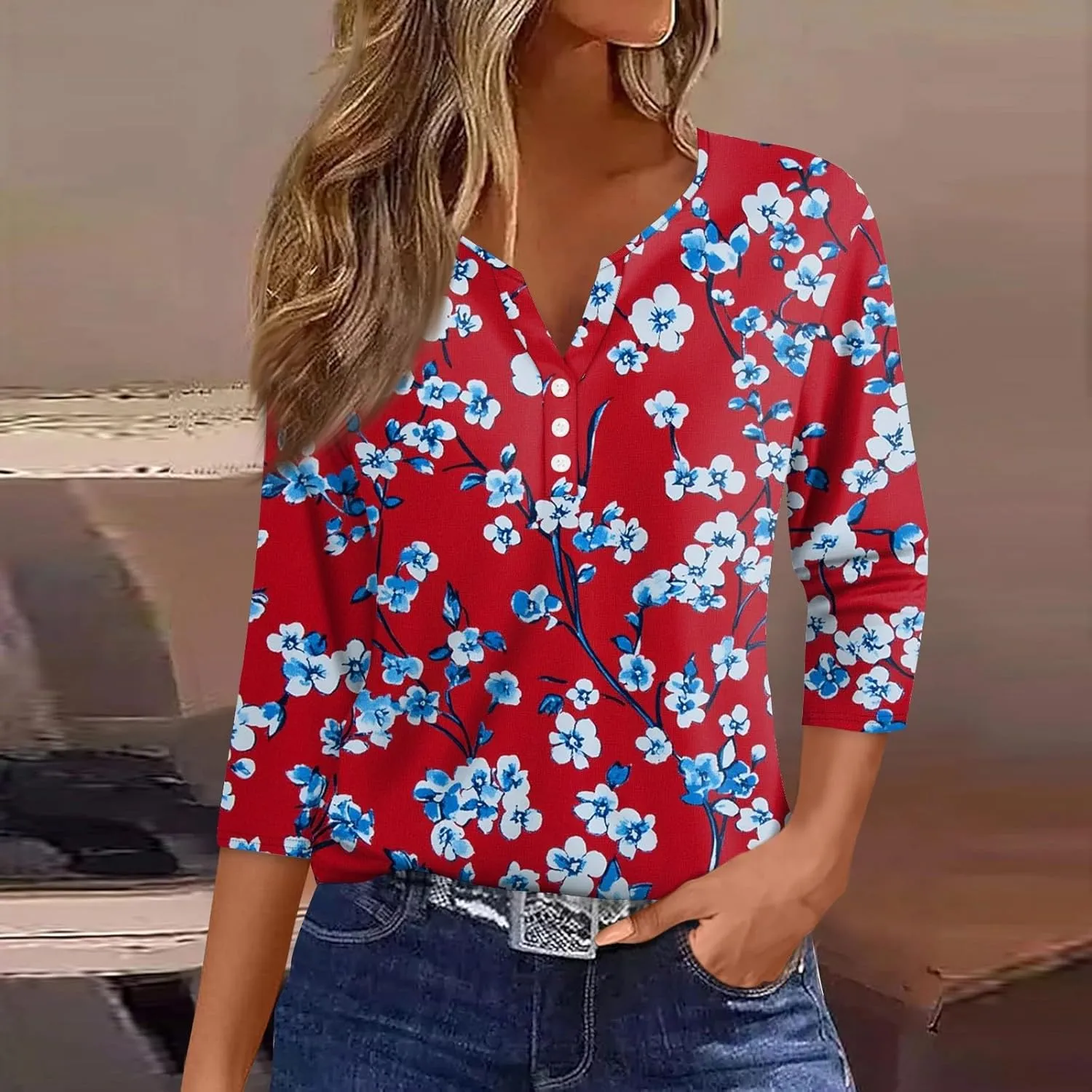 3/4 Length Sleeve Womens Tops 2025 Summer Dressy Casual V Neck T Shirts Three Quarter Length Tunic Tees for Women