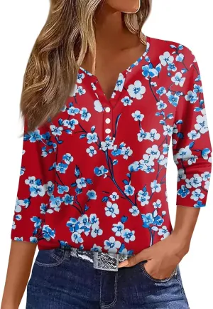 3/4 Length Sleeve Womens Tops 2025 Summer Dressy Casual V Neck T Shirts Three Quarter Length Tunic Tees for Women