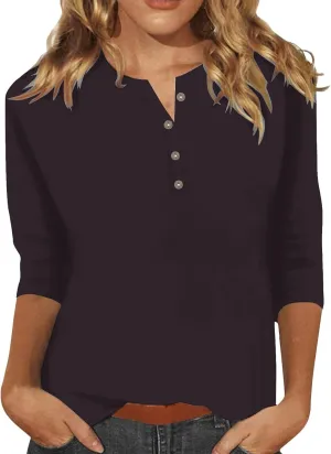 3/4 Length Sleeve Womens Tops Plus Size Button Up Summer Blouse Henley V Neck T Shirts Casual Dressy Tees