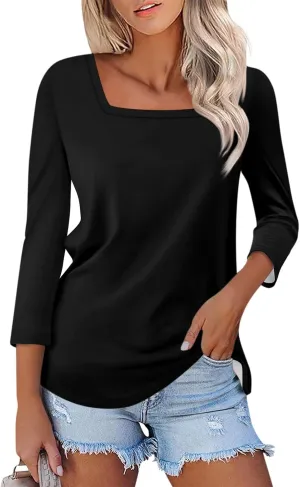 3/4 Length Sleeve Womens Tops Square Neck Casual Cute Shirts Three Quarter Length Dressy Blouses Workout Tunic Tops