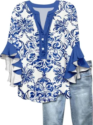 3/4 Sleeve Linen Tops for Women V Neck Floral Ruffle Sleeves Button Down Henley Shirts Summer Beach Tee Shirts