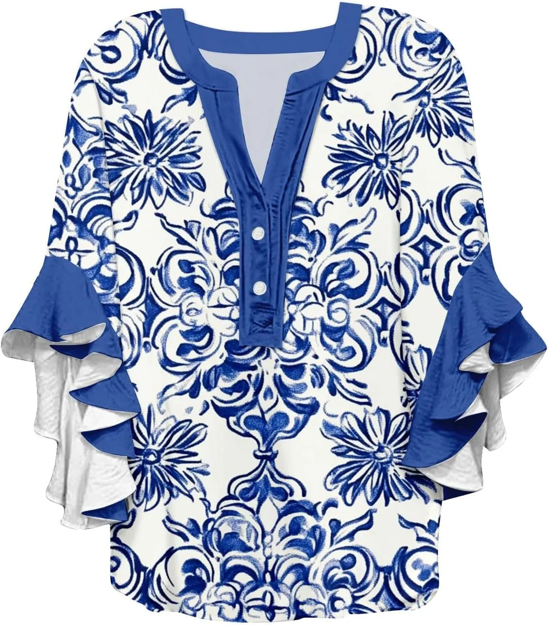 3/4 Sleeve Linen Tops for Women V Neck Floral Ruffle Sleeves Button Down Henley Shirts Summer Beach Tee Shirts