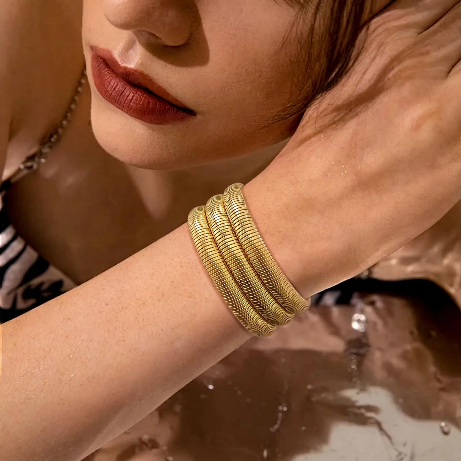 3Pcs Chunky Gold Bangles for Women Stretch Bangles Bracelets 18K Gold Plated Stainless Steel Flexible Snake Chain Wide Wristband Stack Layered Bangle Bracelets 8/10mm