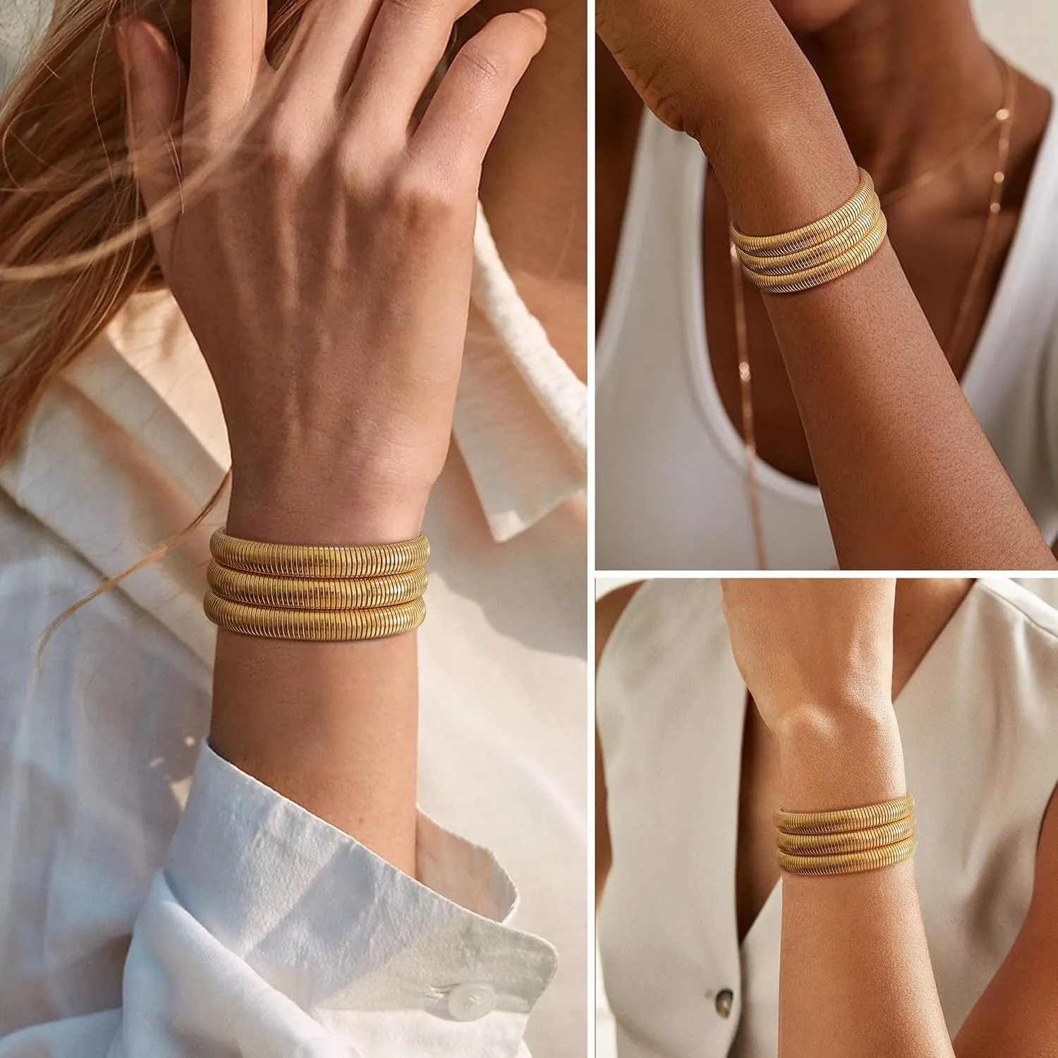 3Pcs Chunky Gold Bangles for Women Stretch Bangles Bracelets 18K Gold Plated Stainless Steel Flexible Snake Chain Wide Wristband Stack Layered Bangle Bracelets 8/10mm