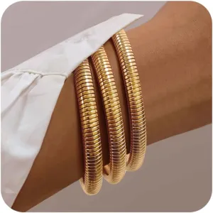3Pcs Chunky Gold Bangles for Women Stretch Bangles Bracelets 18K Gold Plated Stainless Steel Flexible Snake Chain Wide Wristband Stack Layered Bangle Bracelets 8/10mm
