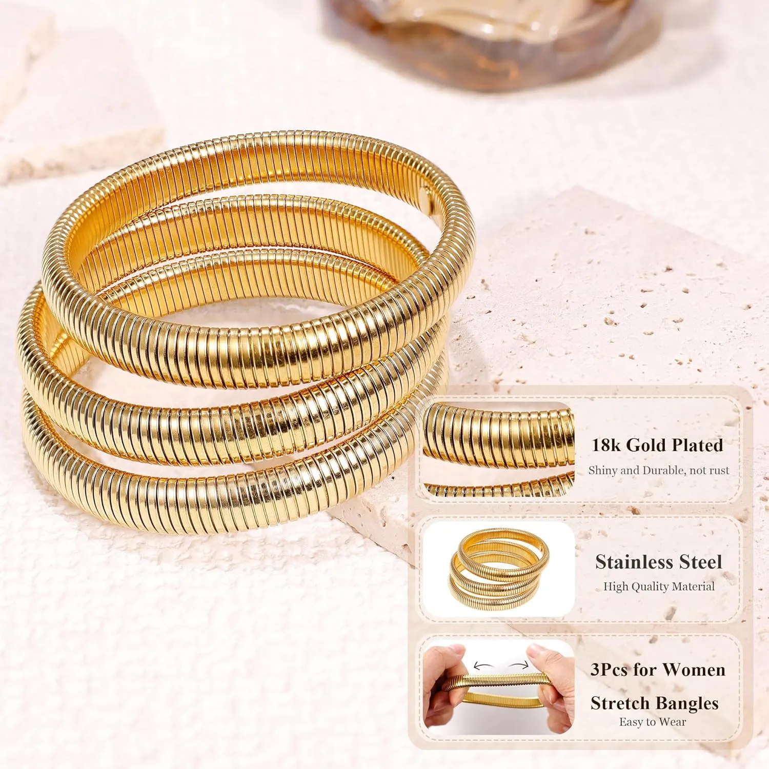 3Pcs Chunky Gold Bangles for Women Stretch Bangles Bracelets 18K Gold Plated Stainless Steel Flexible Snake Chain Wide Wristband Stack Layered Bangle Bracelets 8/10mm