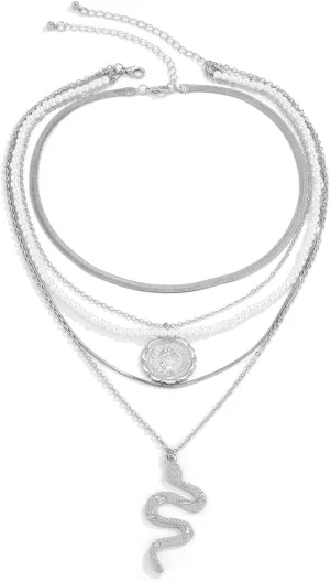 5 Layered Womens Layered Necklaces Fashion, Imitation Pearl Snake Coin Pendant Silver Layered Necklaces for Women