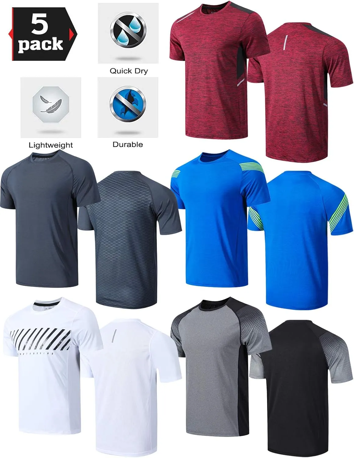 5 Pack Mens Active Quick Dry Crew Neck T Shirts | Athletic Running Gym Workout Short Sleeve Tee Tops Bulk