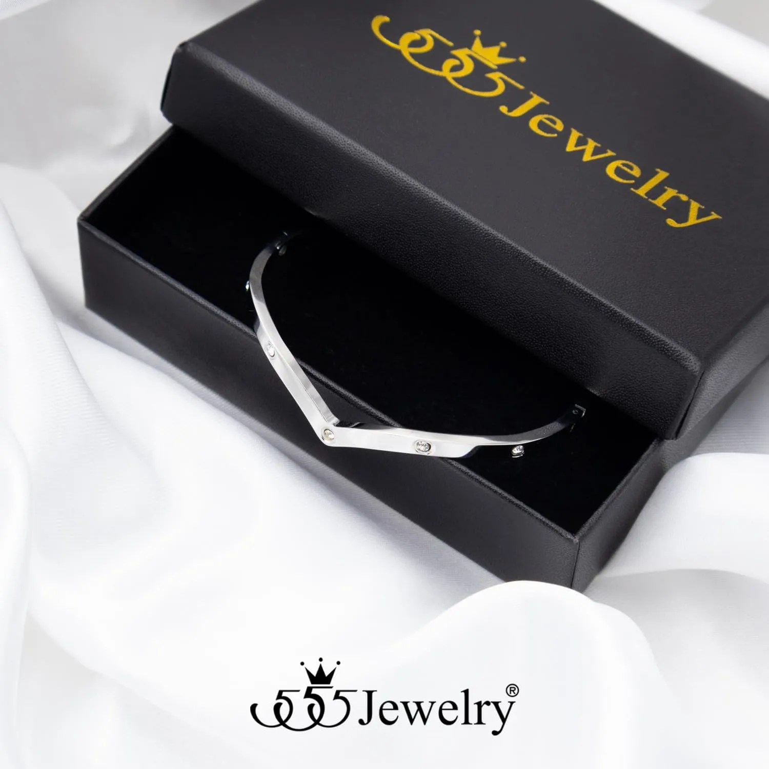 555Jewelry Stainless Steel Bracelets for Women Thin Cubic Zirconia Bangle Bracelets for Women CZ Love Heart Ladies Friendship Wrist Cuff