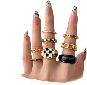 8Pcs Chunky Knuckle Rings Set for Women,Retro Black Heart Star Finger Rings Statement Ring Set Festival Jewelry Gifts