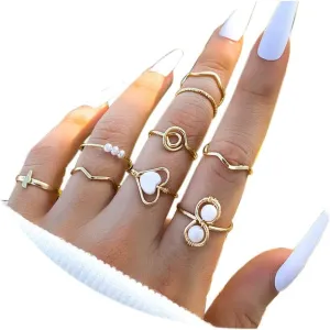 9-10pcs Bohemian Knuckle Stacking Rings, Women Multiple Stackable Rhinestone Pearl Flowers Joint Finger Rings Dainty Stack Gold Midi Rings Set (adjustable)