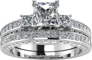 925 Silver 3 Stones Ring, Cushion Cut Solitaire Cubic Zirconia CZ 2pc Bridal/Wedding Ring Band Stackable Ring Set