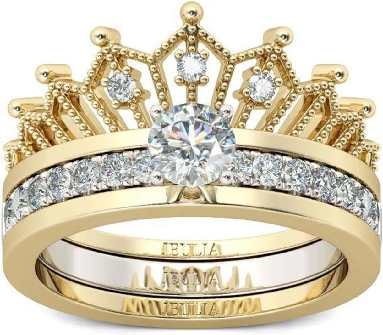 925 Silver Ring For Women Crown Round Cut Wedding Ring Band Sets Gold Plated Cubic Zirconia Engagement Rings