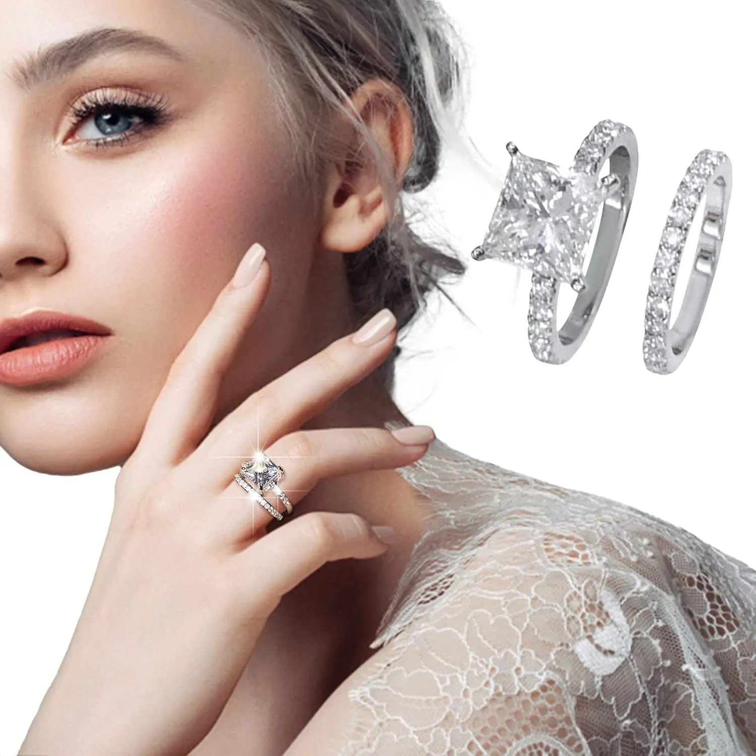 925 Sterling Silver Engagement Ring Set for Bridal,Eternity Cubic Zirconia Wedding Bands Marriage Anniversary Jewelry Gifts