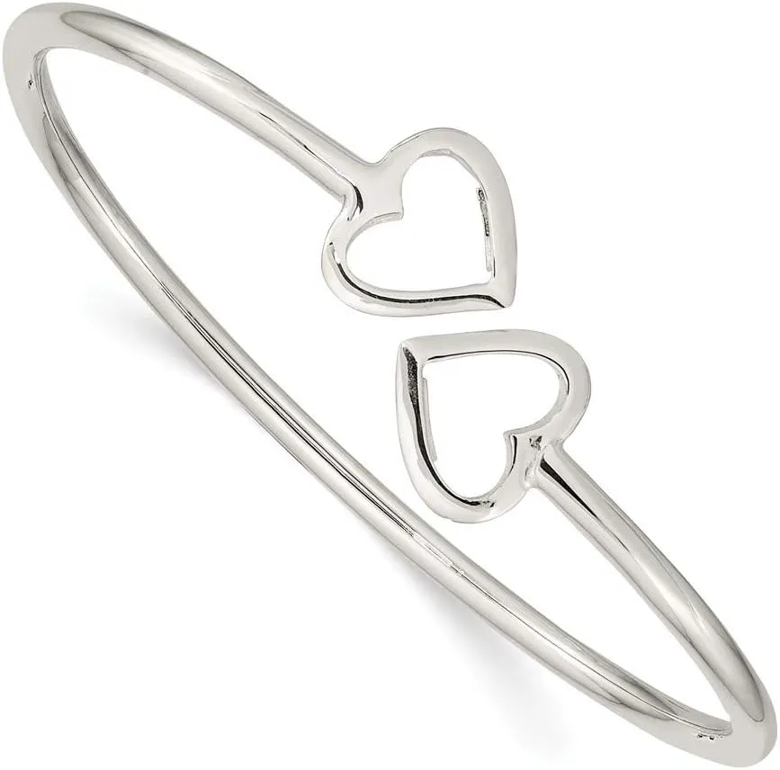 925 Sterling Silver Heart Bangle Cuff Bracelet (Width = 13mm)