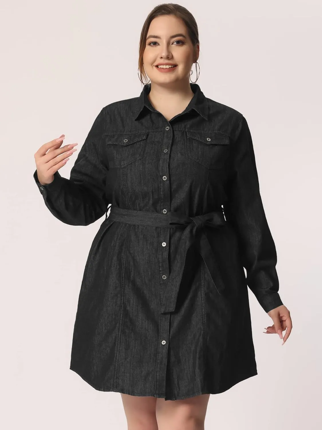 Agnes Orinda Women's Plus Size Denim Dress Shirt Dresses Long Sleeves Button Down Jeans Dresses with Pocket 2025