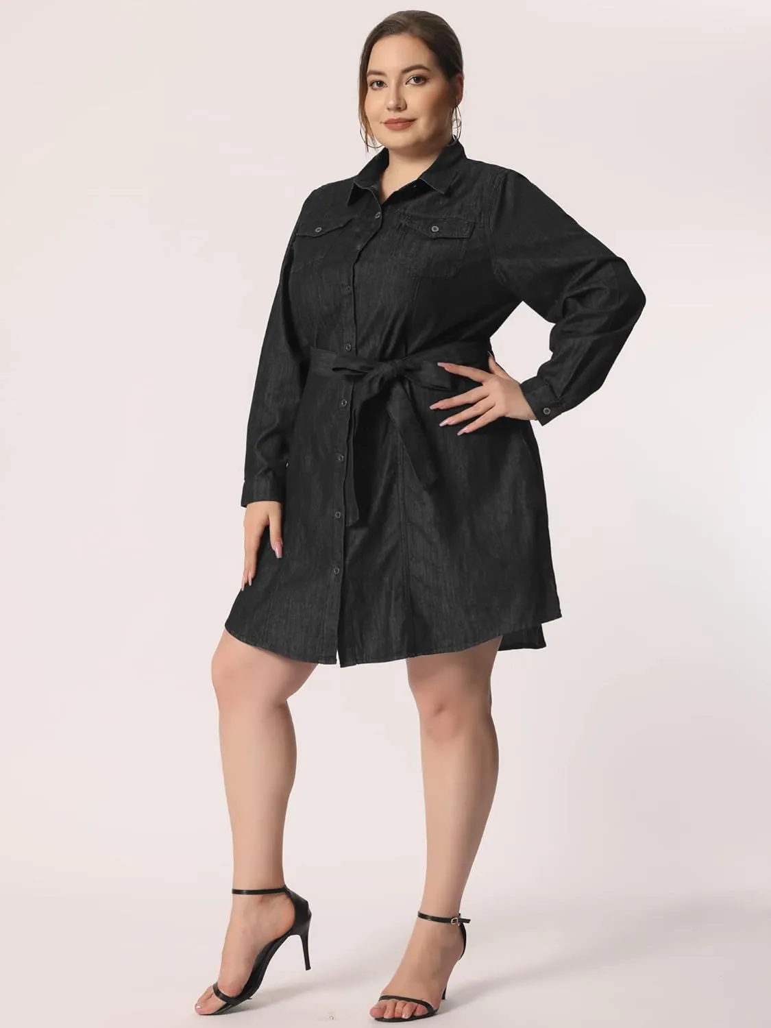 Agnes Orinda Women's Plus Size Denim Dress Shirt Dresses Long Sleeves Button Down Jeans Dresses with Pocket 2025