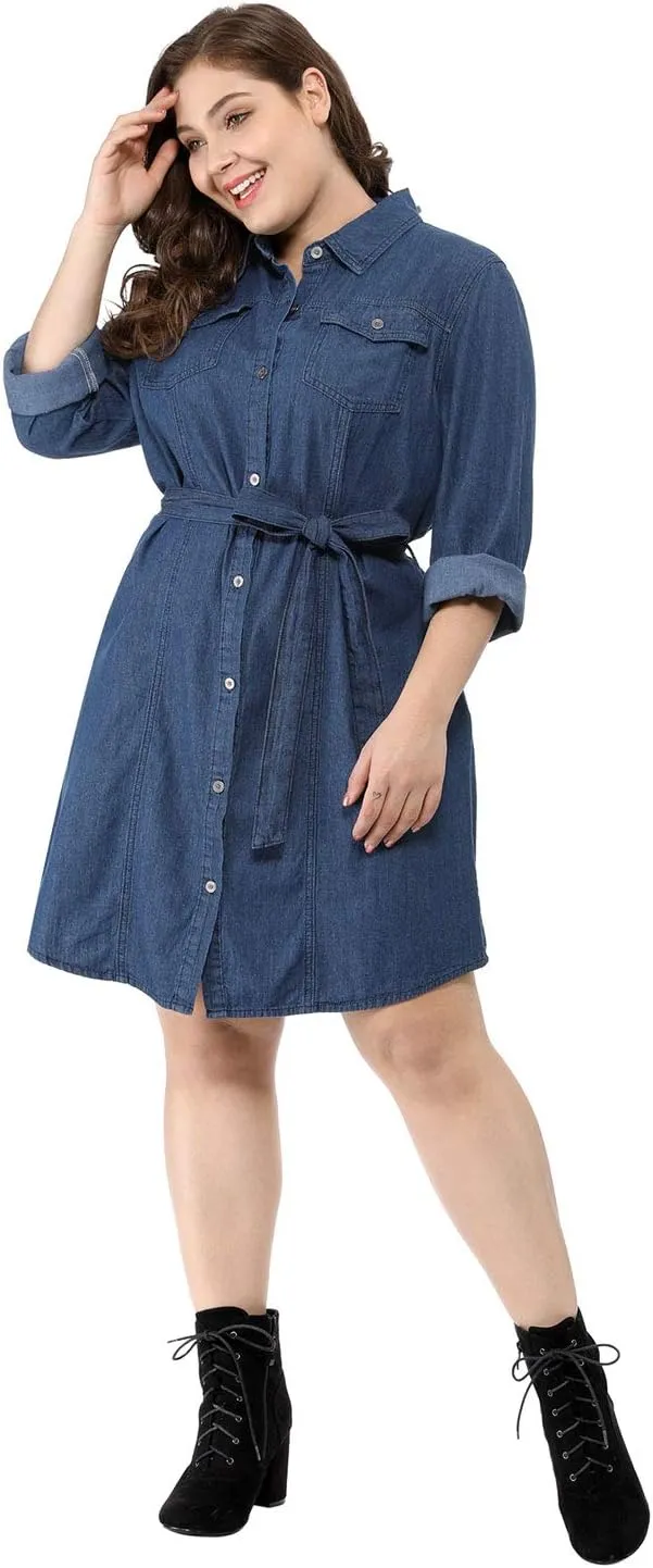 Agnes Orinda Women's Plus Size Denim Dress Shirt Dresses Long Sleeves Button Down Jeans Dresses with Pocket 2025