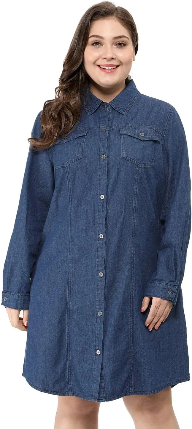 Agnes Orinda Women's Plus Size Denim Dress Shirt Dresses Long Sleeves Button Down Jeans Dresses with Pocket 2025