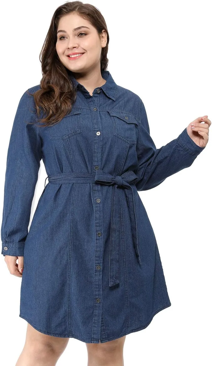 Agnes Orinda Women's Plus Size Denim Dress Shirt Dresses Long Sleeves Button Down Jeans Dresses with Pocket 2025