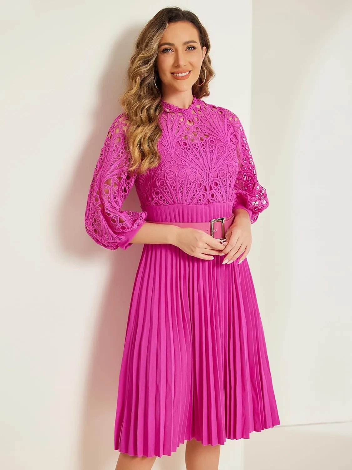 Allegra K Women's Elegant Lace Crochet Lantern Sleeves Belt Loose Pleated Midi Dress