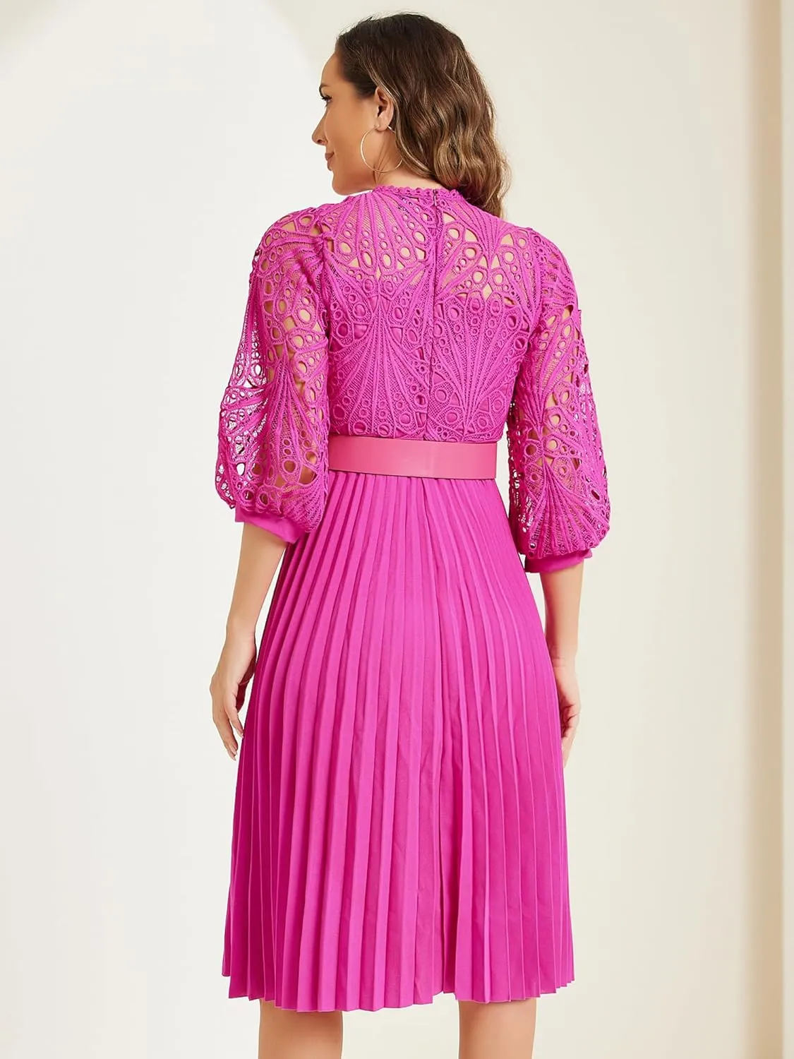 Allegra K Women's Elegant Lace Crochet Lantern Sleeves Belt Loose Pleated Midi Dress