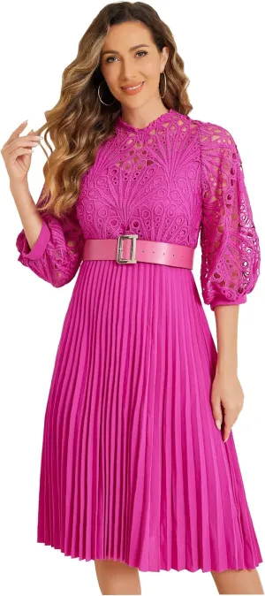 Allegra K Women's Elegant Lace Crochet Lantern Sleeves Belt Loose Pleated Midi Dress