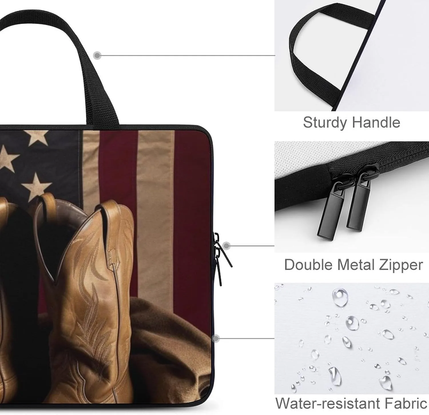 American Flag with Cowboy Boots Laptop Bag Durable Laptop Sleeve Water-Resistant Notebook Bag for Computer Or Tablet