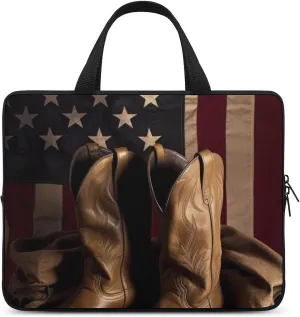 American Flag with Cowboy Boots Laptop Bag Durable Laptop Sleeve Water-Resistant Notebook Bag for Computer Or Tablet