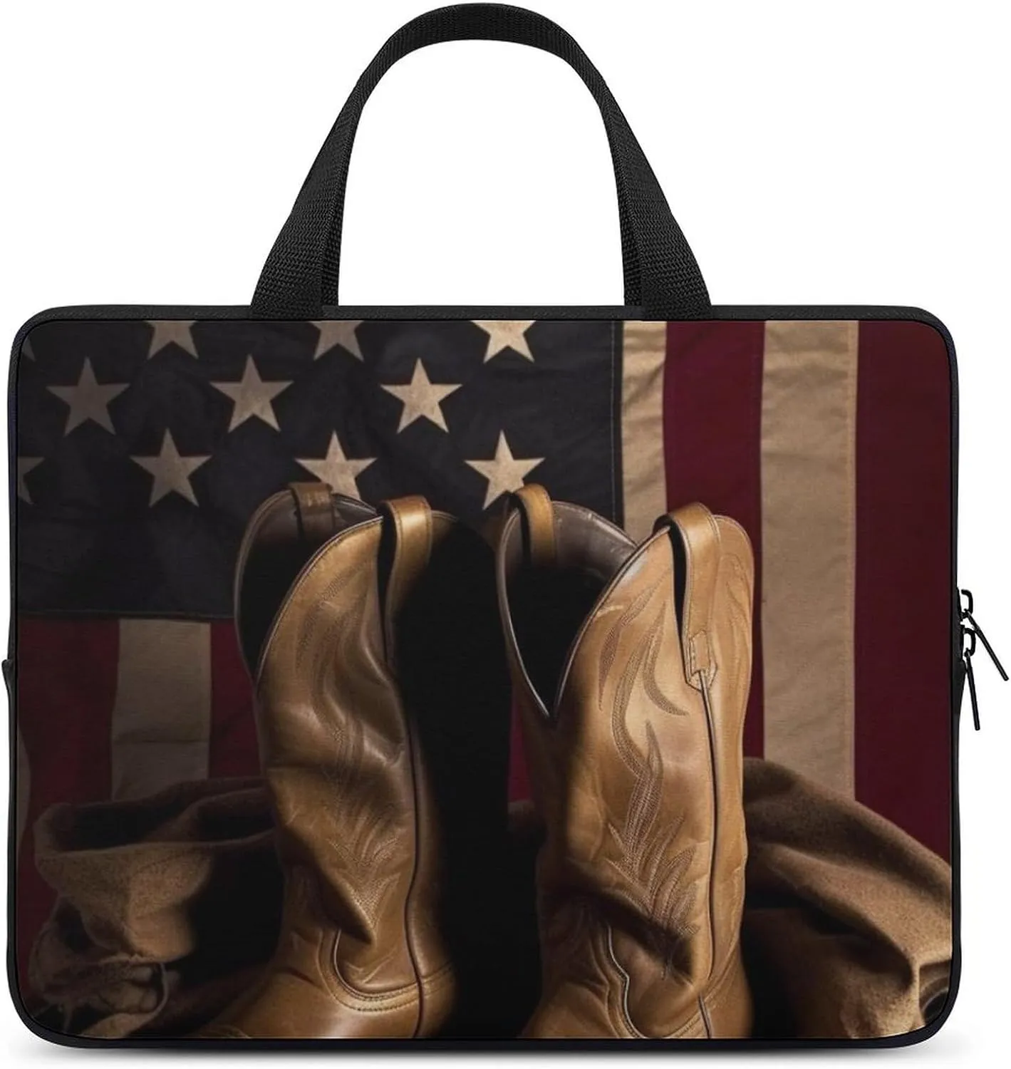 American Flag with Cowboy Boots Laptop Bag Durable Laptop Sleeve Water-Resistant Notebook Bag for Computer Or Tablet