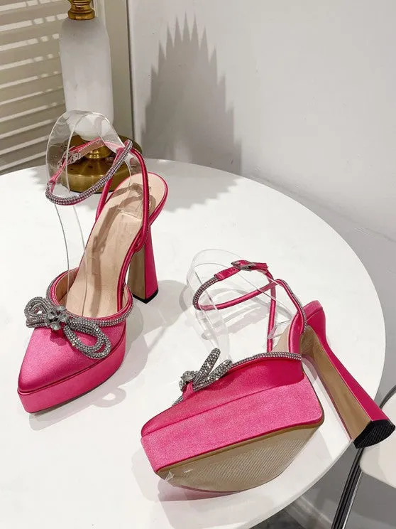 Ankle Strap Rhinestones Bow Detail Platform Heeled Sandals Pumps