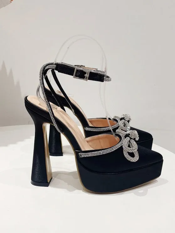 Ankle Strap Rhinestones Bow Detail Platform Heeled Sandals Pumps