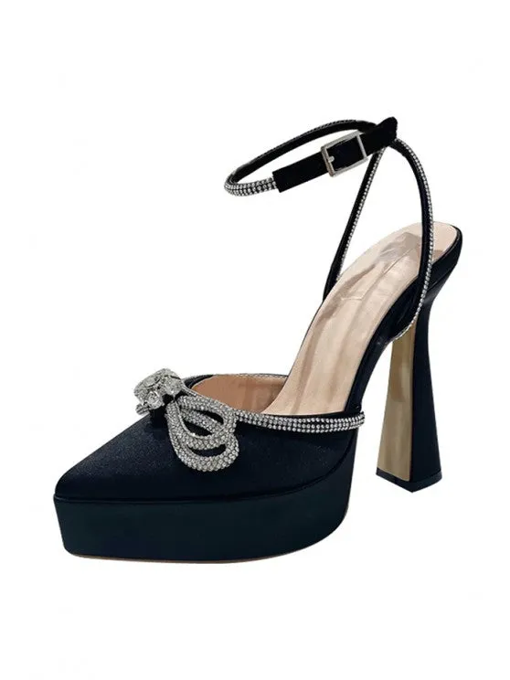 Ankle Strap Rhinestones Bow Detail Platform Heeled Sandals Pumps